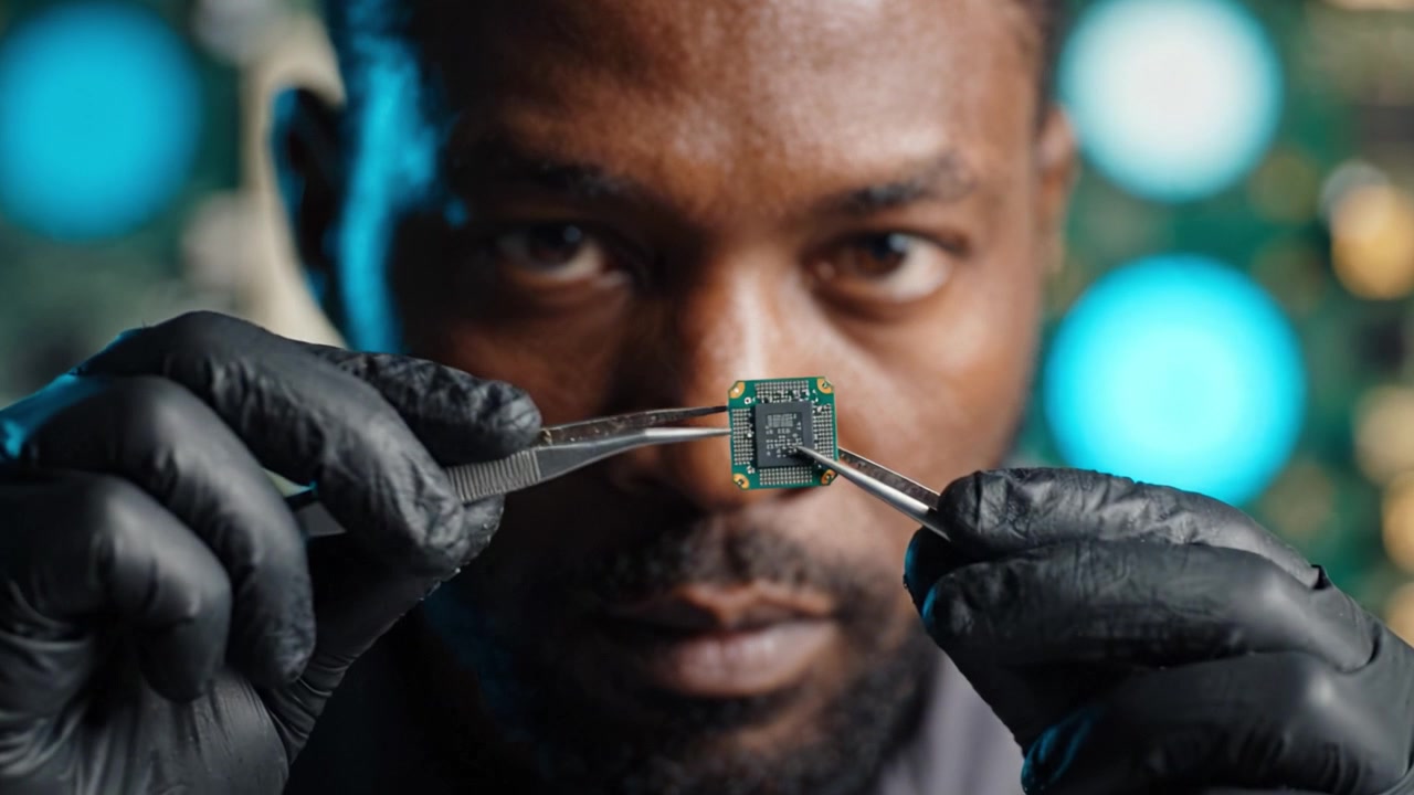 Individu concentré examinant une micropuce avec des outils de précision sur un fond de carte de circuit imprimé complexe, capturant l'essence de la technologie et de l'innovation en action.