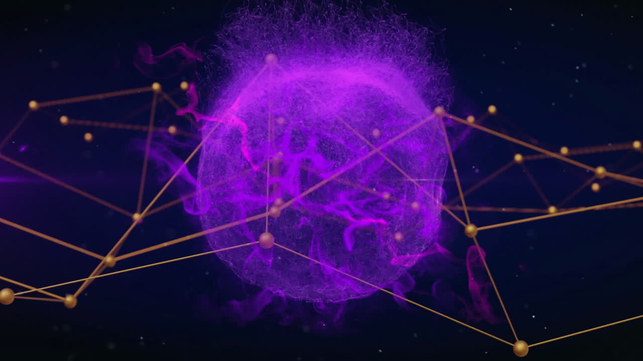 Animation of purple glowing sphere with interconnected lines on dark background