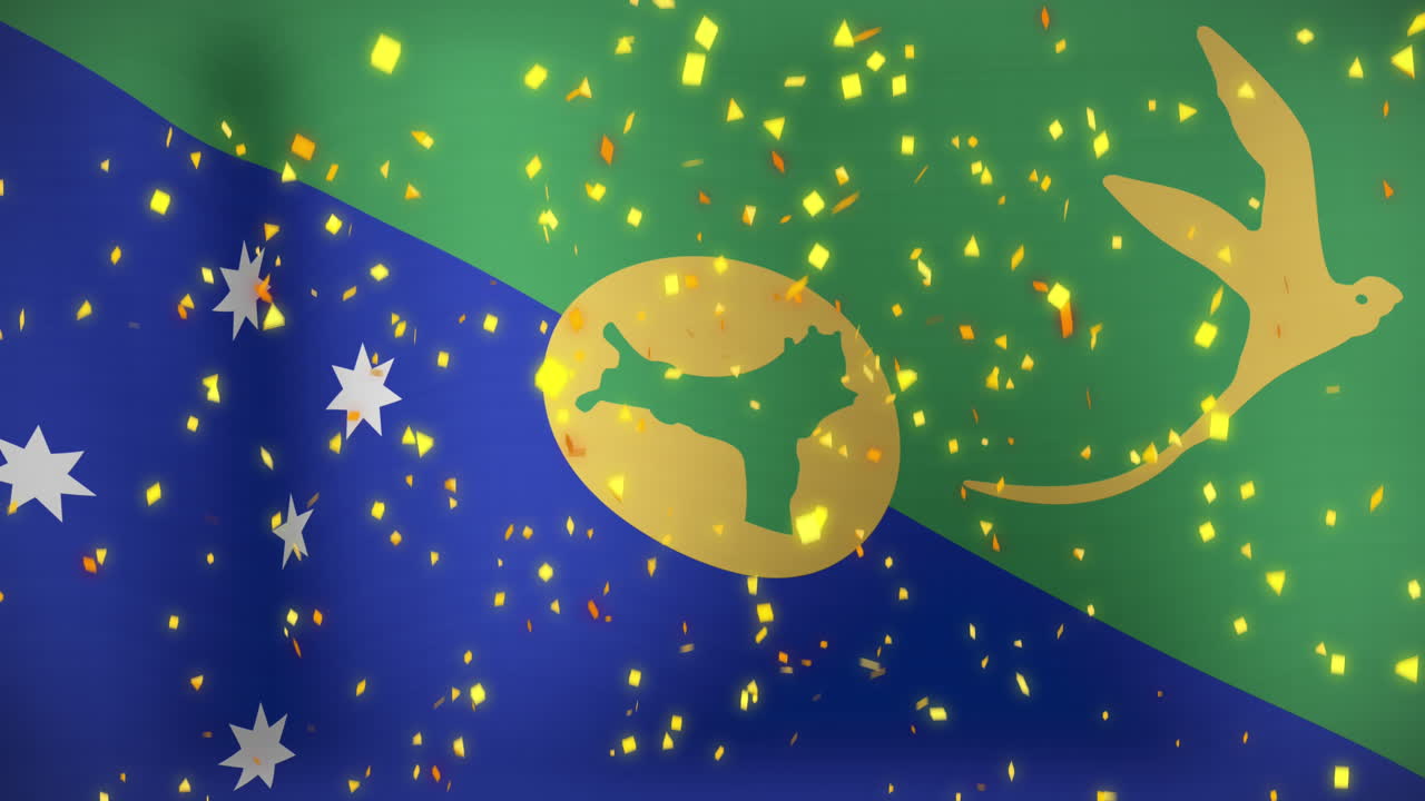 animación de confeti cayendo sobre la bandera ondeando de la isla de navidad en el fondo