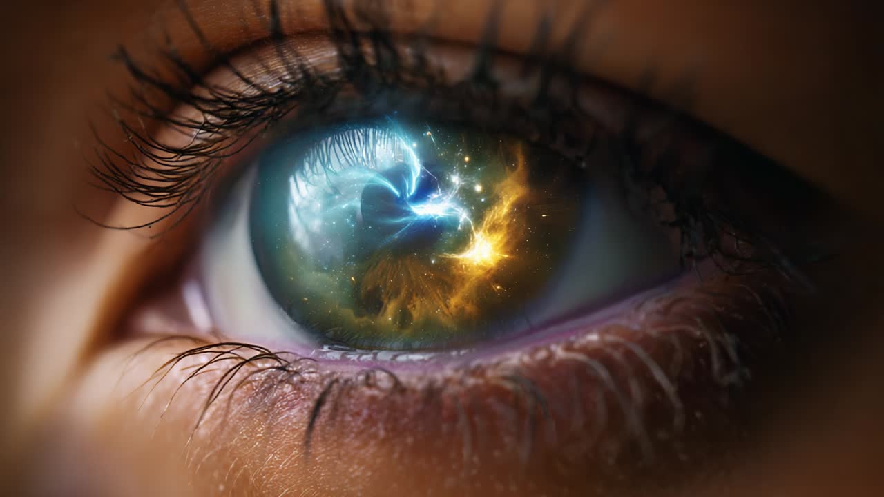 An Enigmatic Eye Capturing Cosmic Wonders: A Stunning Visualization of Celestial Elements Merging Within the Reflection of a Human Eye, Merging Organic and Ethereal Realms in a Captivating Display of Imagination