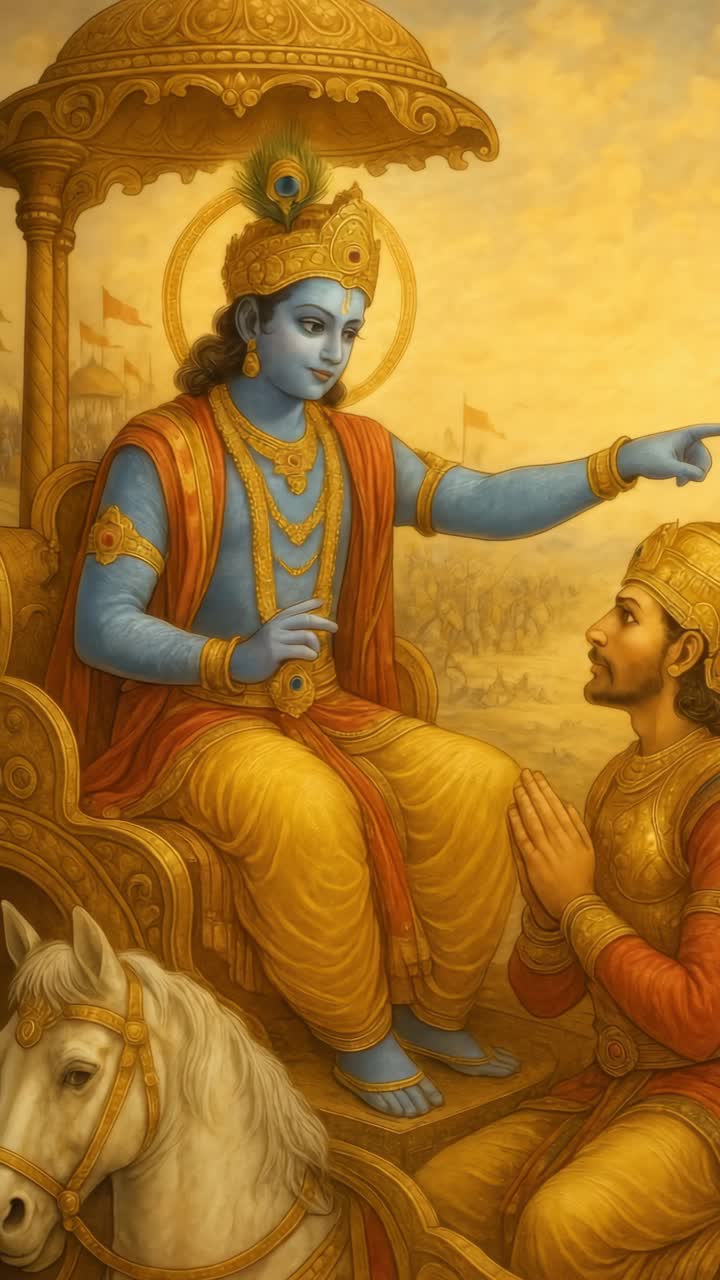 Epic video scene with a low-angle view of a divine figure guiding a warrior