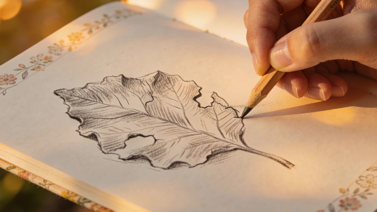 Touching wooden pencil tip as artist right hand darkening leaf edge on notebook outdoors, finishing