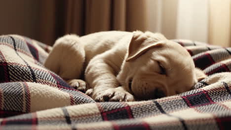 adorable puppy sleeping on a plaid blanket