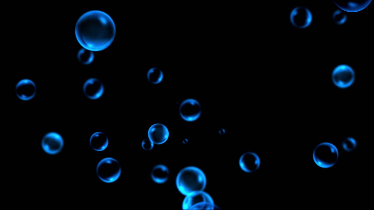 Luminous blue bubbles of various sizes float upwards against a dark background. Perfect for underwater scenes, abstract backgrounds, or beverage concepts