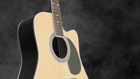 Tan-brown-guitar-in-stand-vertical-pan-up-against-black-smokey-background