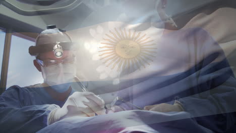 animación de la bandera argentina ondeando sobre los cirujanos en el quirófano