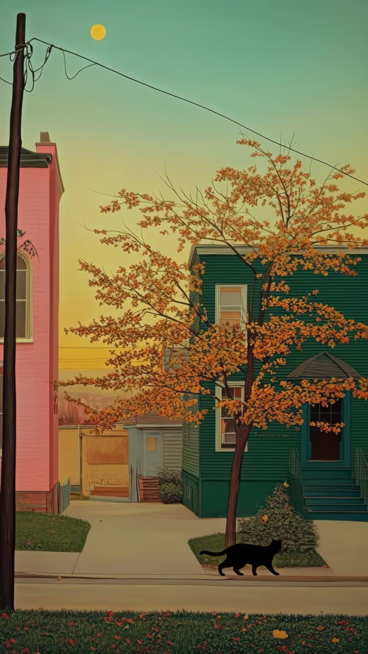 A serene street scene at dusk with a cat walking, captured from a low angle