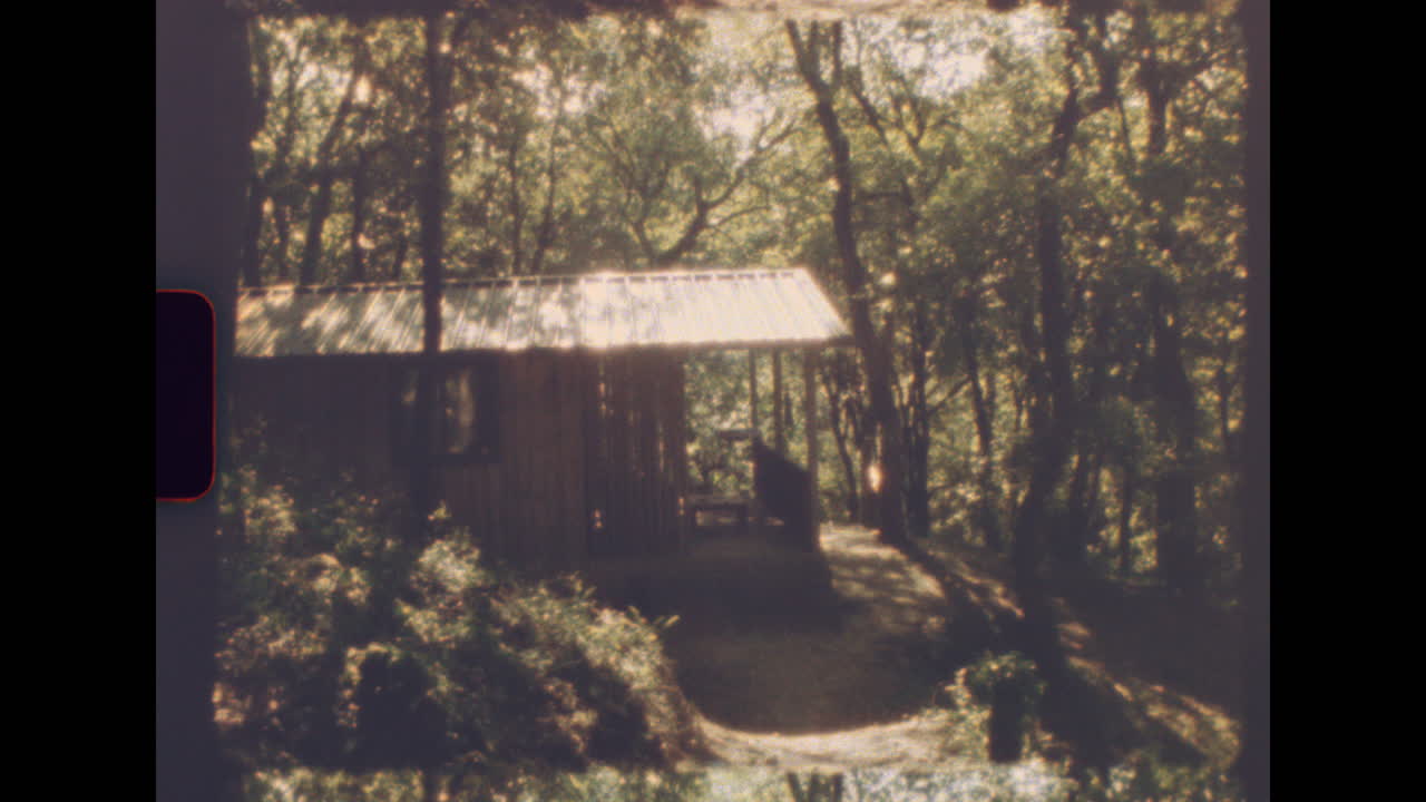 Zooming in on rustic wooden cabin in peaceful forest