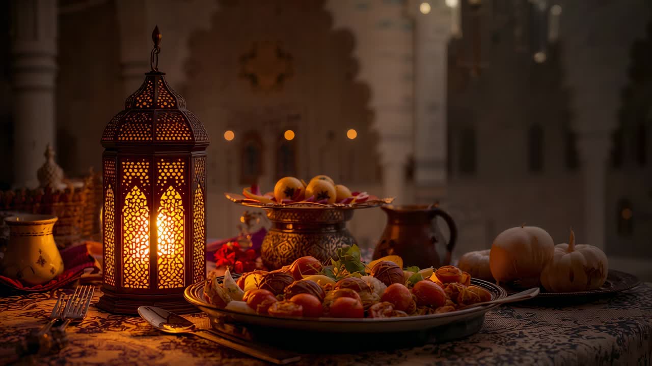 La fiamma tremolante di una lanterna ornata crea una luce mutevole su un vassoio sul balcone, illuminando la frutta.
