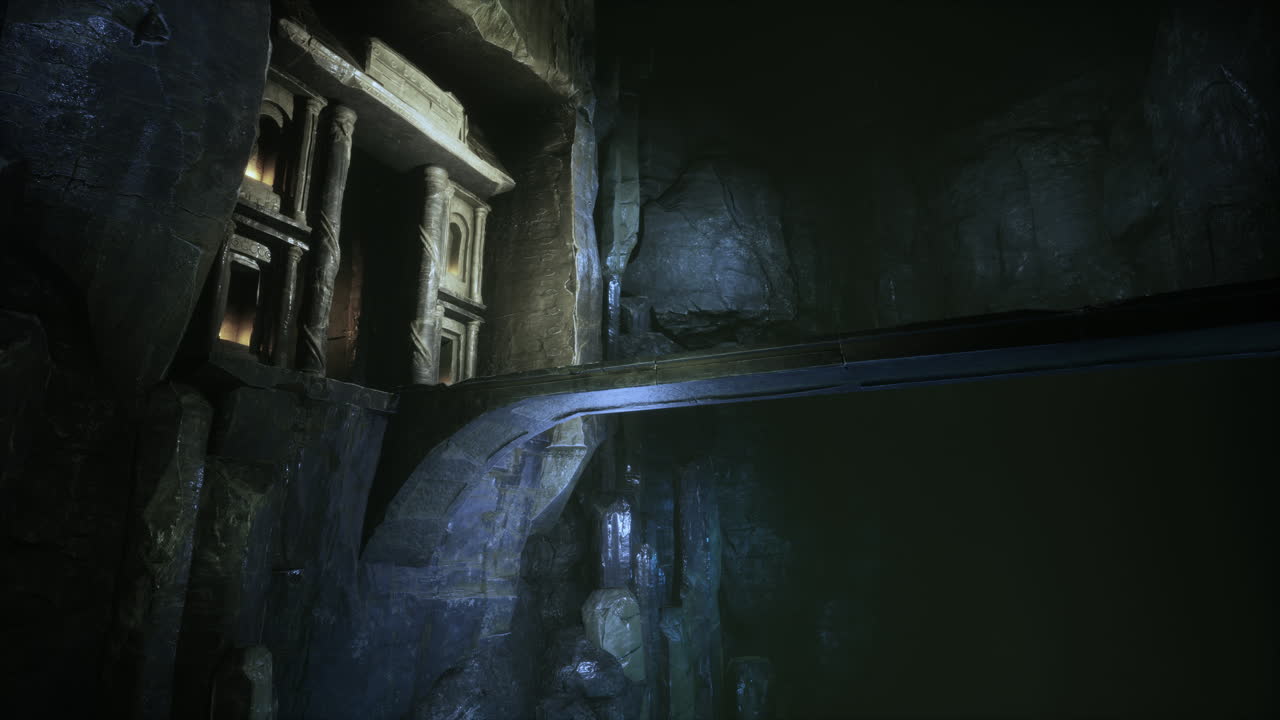 viejo puente de piedra dentro de una cueva grande