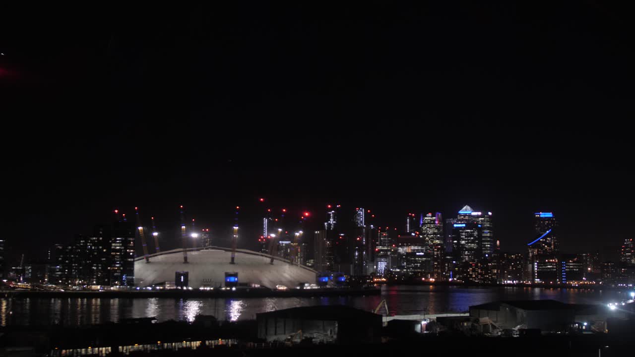 Night View of London Skyline with O2 Arena and Canary Wharf