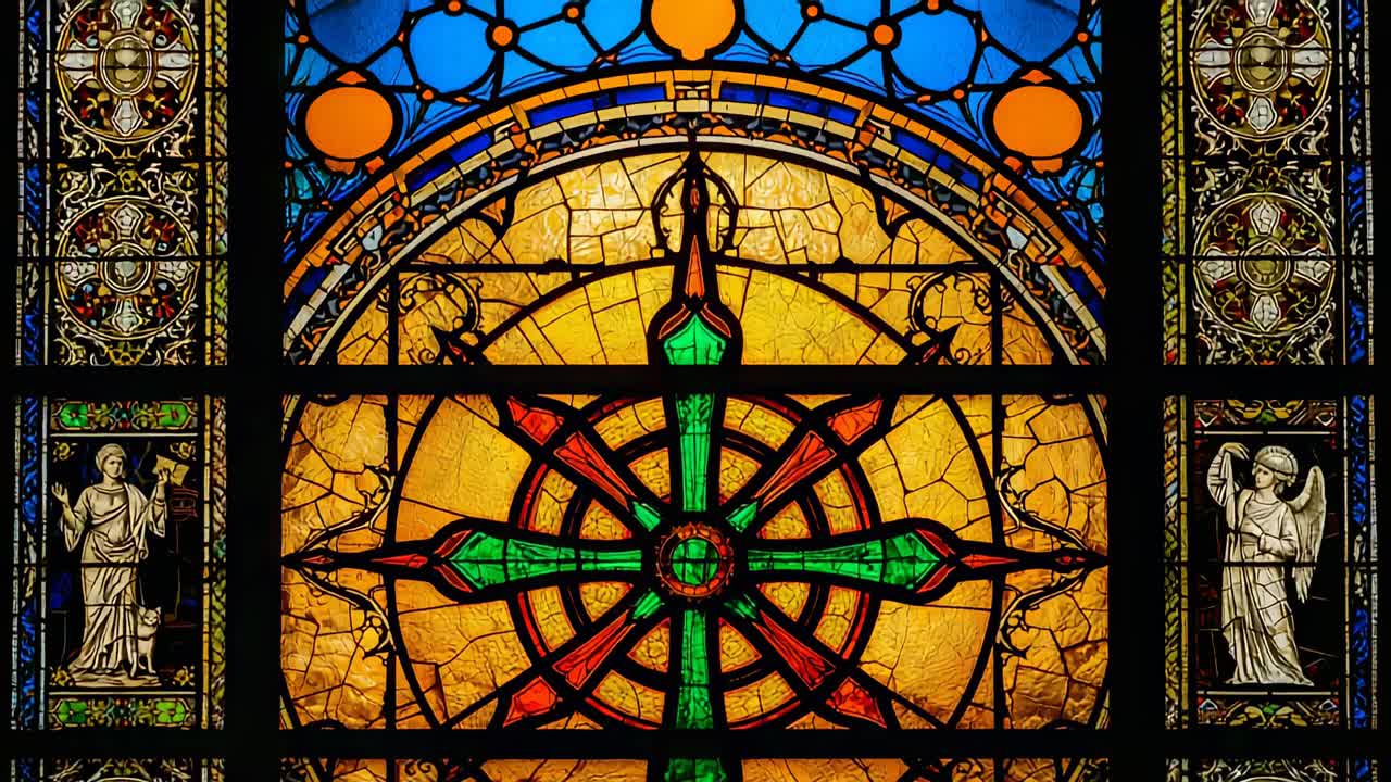 Starting camera capturing glass rosette in church, tilting upward revealing blue arch, amber panels