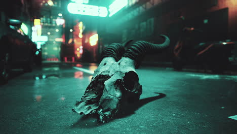 skull in a cyberpunk city