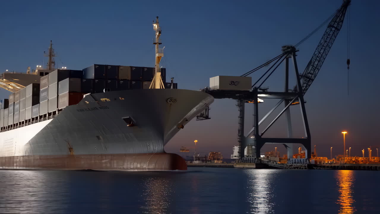 Container Ship Docked at Port with Crane and Lights at Night