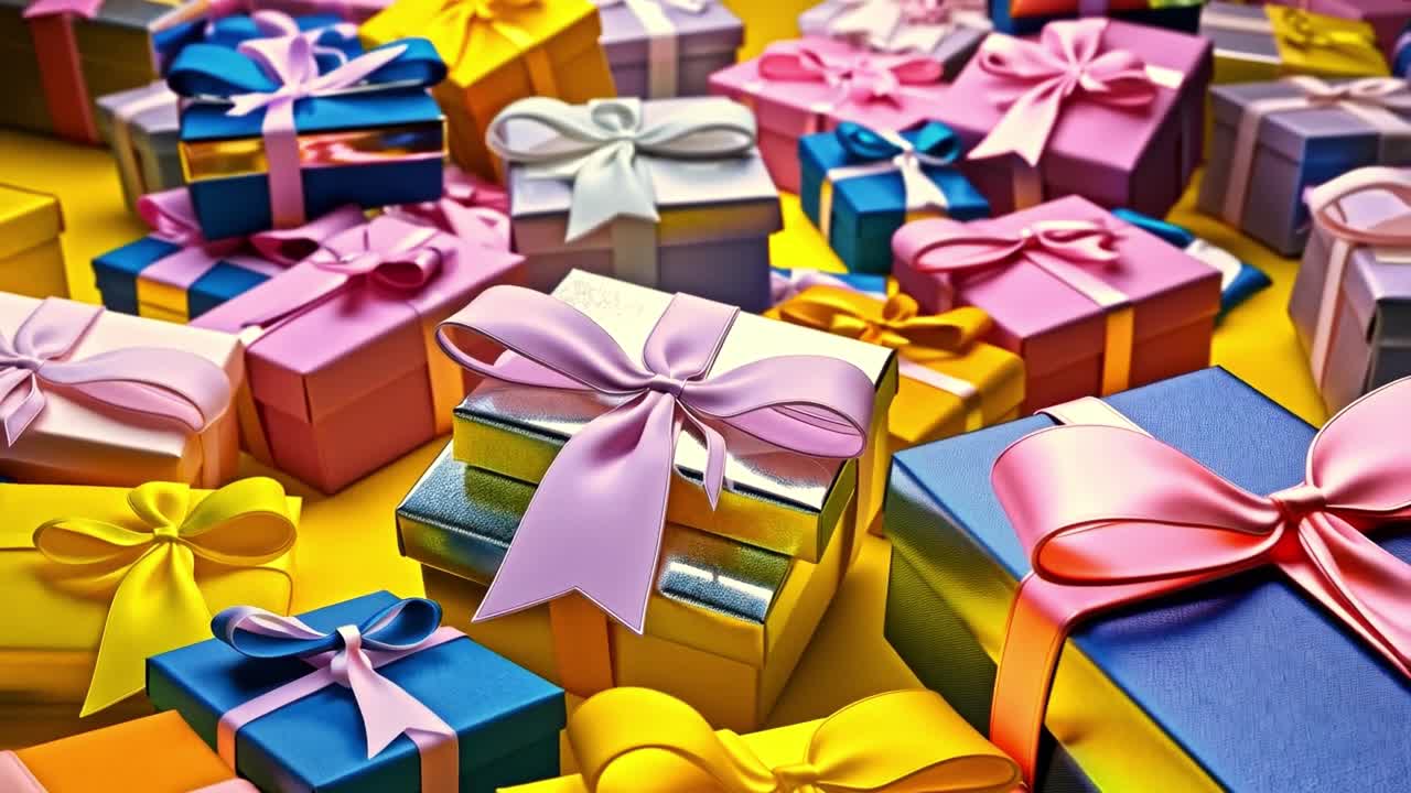 Pile of Colorful Gift Boxes with Ribbons and Bows