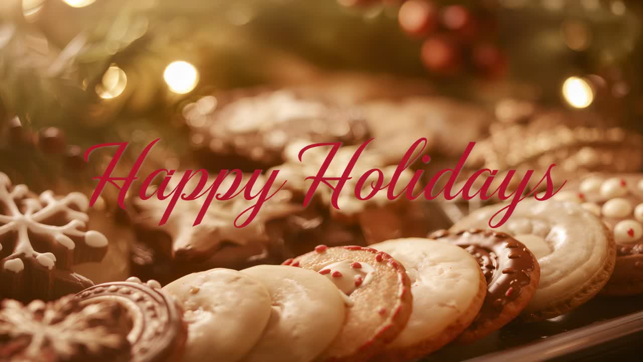 Opening shot revealing platter of holiday cookies twinkling on tabletop, red overlay greeting