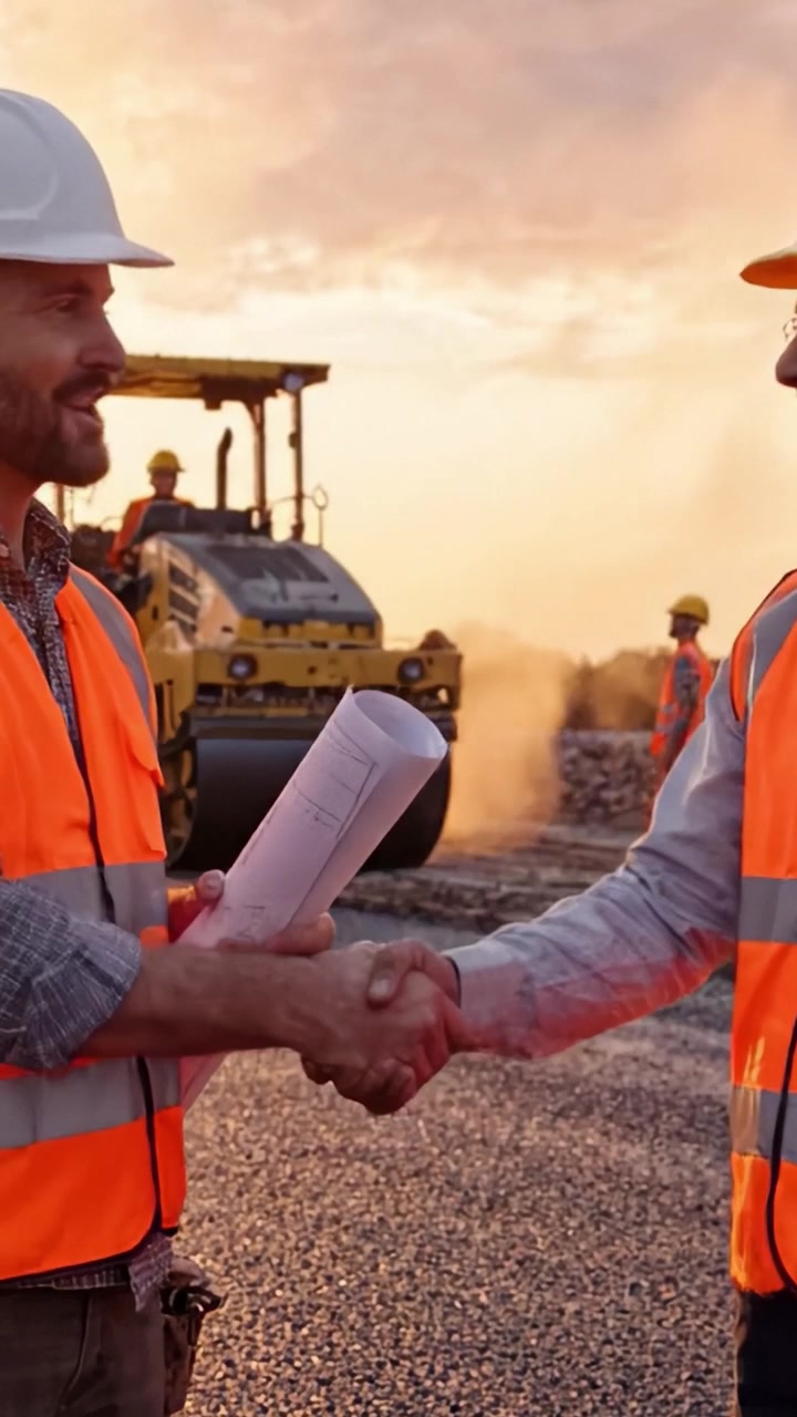 Two construction workers celebrating project progress at a sunset site, showcasing teamwork and dedication in the construction industry while machinery operates in the background.