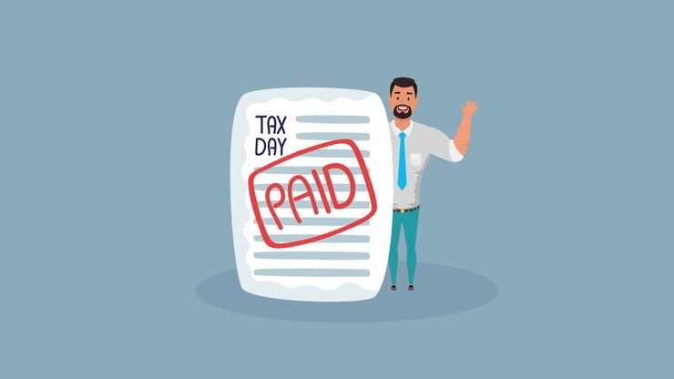 steuertagsanimation mit geschäftsmann und quittungsdokument