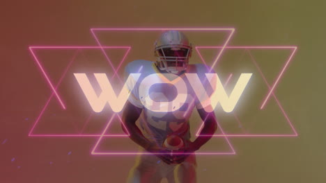 animación de texto wow sobre jugador de fútbol americano en fondo de neón