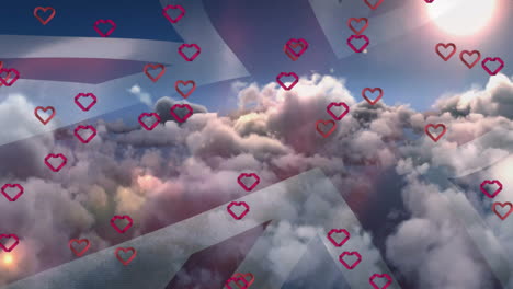 Hearts-animation-over-clouds-and-sky-with-Union-Jack-flag