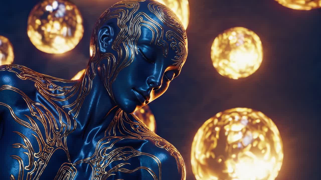Golden light illuminates a blue android adorned with golden tribal patterns, meditating serenely amidst a backdrop of floating golden spheres