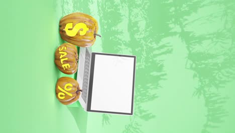 halloween vertical sales banner, laptop with white screen, green background with tree shadow