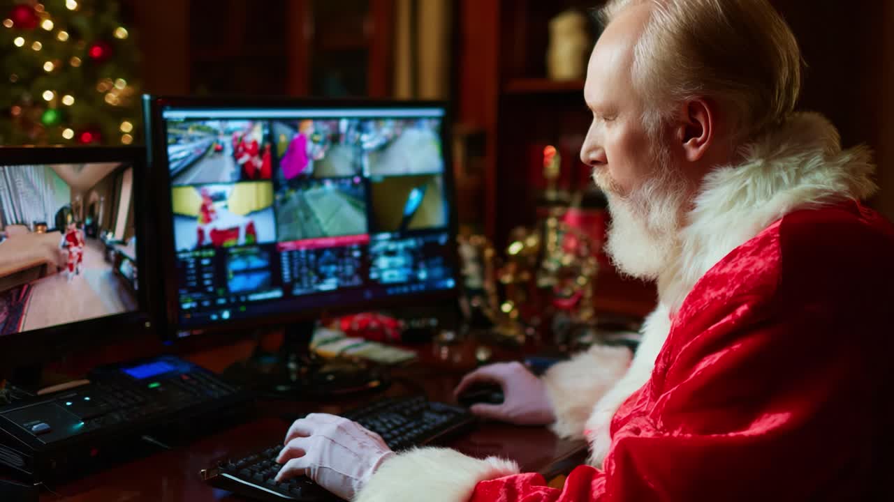 A modern twist on holiday tradition: Santa Claus monitoring a series of video feeds, ensuring smooth operations in a festive environment while working diligently at his computer workstation