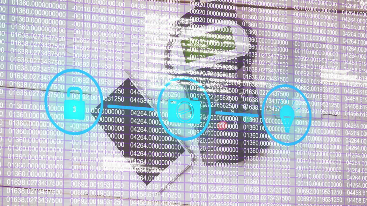 animación del procesamiento de datos financieros, red con iconos y terminal de pago