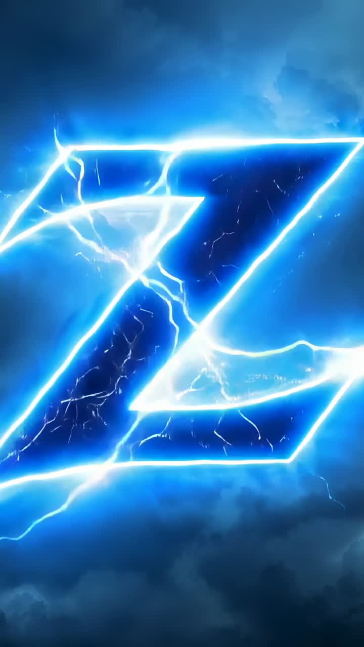 Vertical video: Capital letter Z glowing with sparks flickering and arcs intensifying in stormy sky