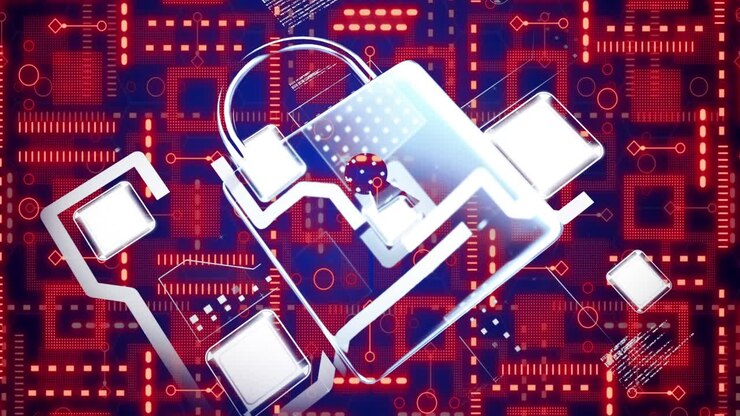 Animation of padlock and data processing over network of connections