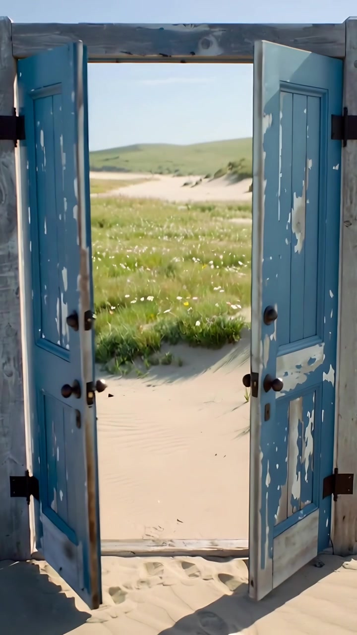 Video verticale: Si forma uno spiraglio, spingendo porte blu scheggiate che si aprono sulla sabbia, mostrando dune e fioriture.