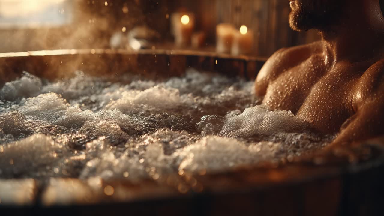 A Relaxing Retreat: Enjoying a Soothing Bubble Bath in a Cozy Atmosphere with Gentle Candlelight and Warm Water for Ultimate Calmness and Comfort