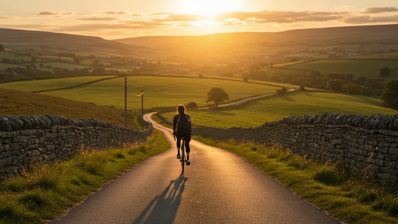 A Solo Cyclist Embarks on an Evening Journey Along a Scenic Country Road as the Sun Sets, Casting a Warm Glow Over the Lush Greenery and Rolling Hills