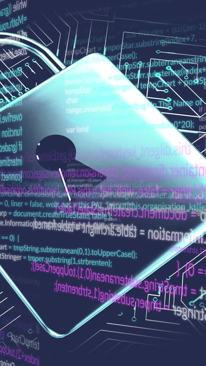 Animation of data processing and padlock on blue background