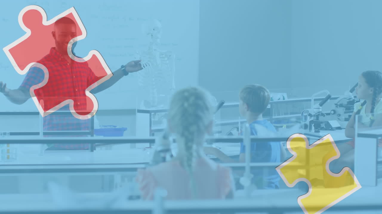 다양한 학교 아이들과 교사들에 대한 퍼즐 조각의 애니메이션