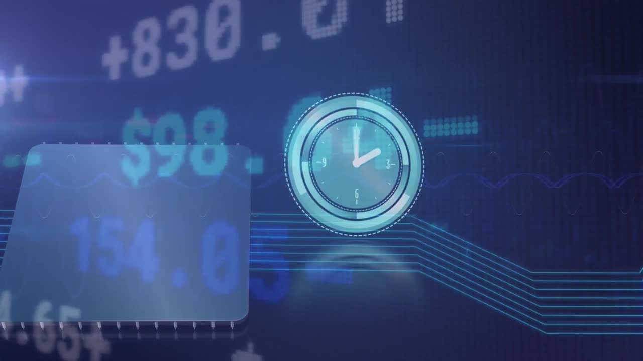 Animation of moving clock and stock market on blue background