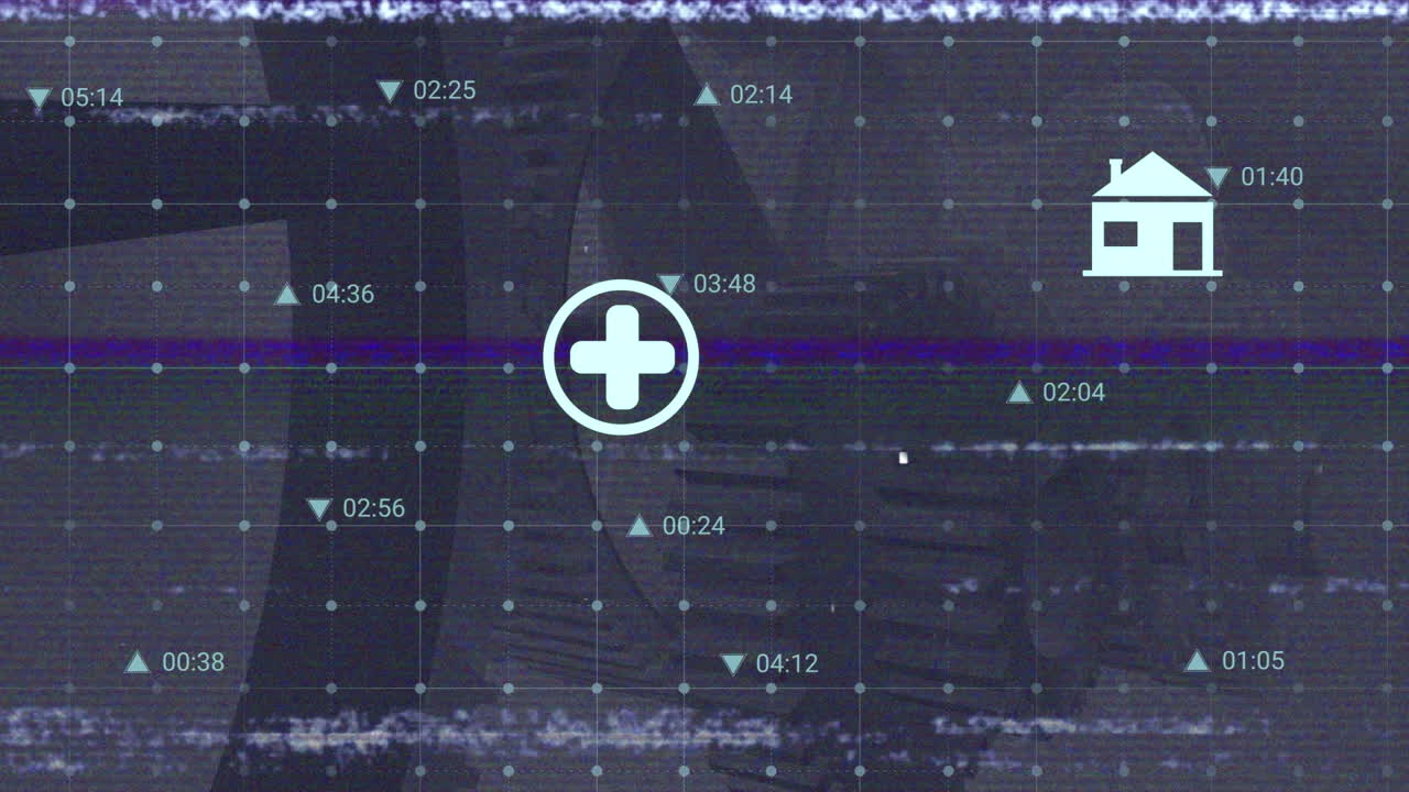 Animazione di interfaccia digitale su icone ecologiche ed elaborazione dati finanziari, glitch e ingranaggi in movimento