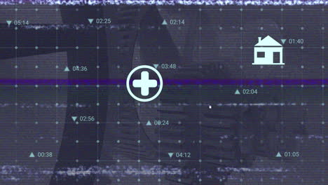 animation of digital interface over eco iconsa and financial data processing, glitch and cogs moving