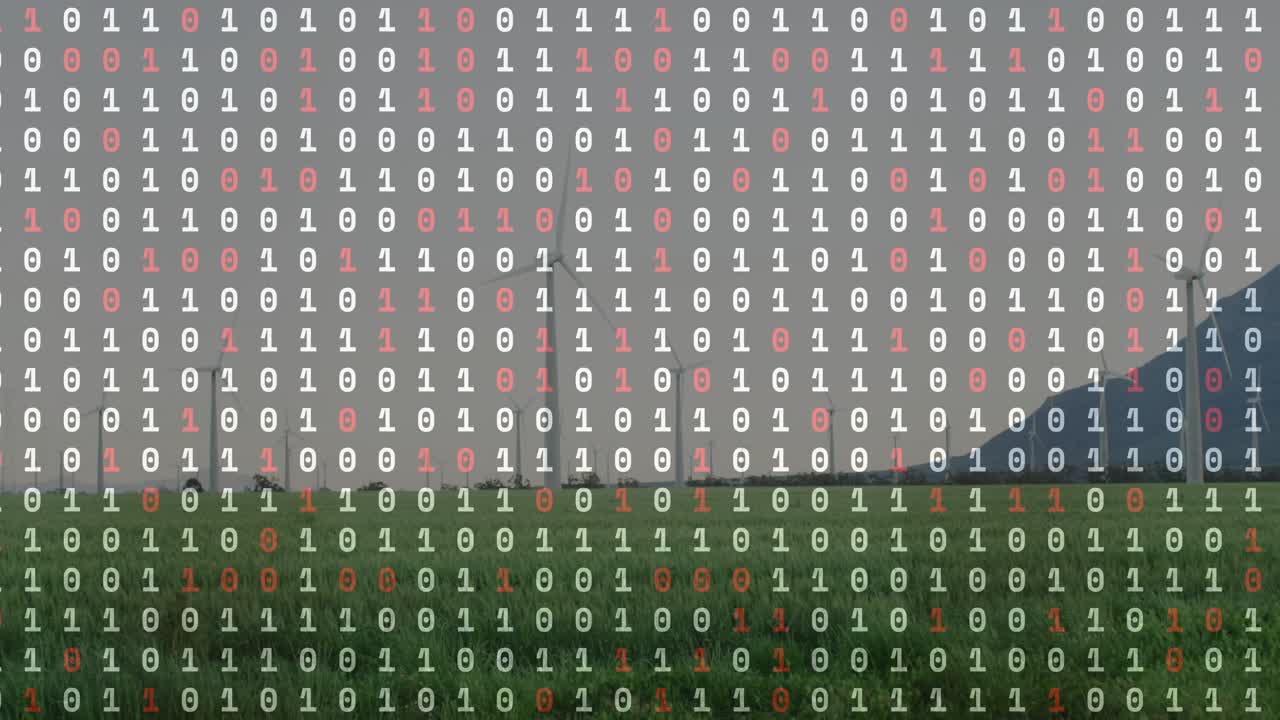 Clicking play starting rural landscape with binary overlay staying steady, visualizing data