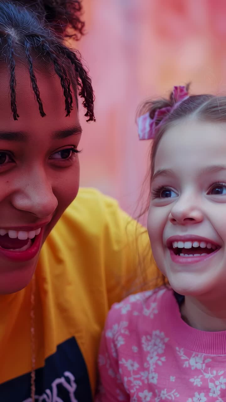 Vídeo vertical: mãe inclinada conversando com a filha que usa um laço rosa em casa para fazê-la rir
