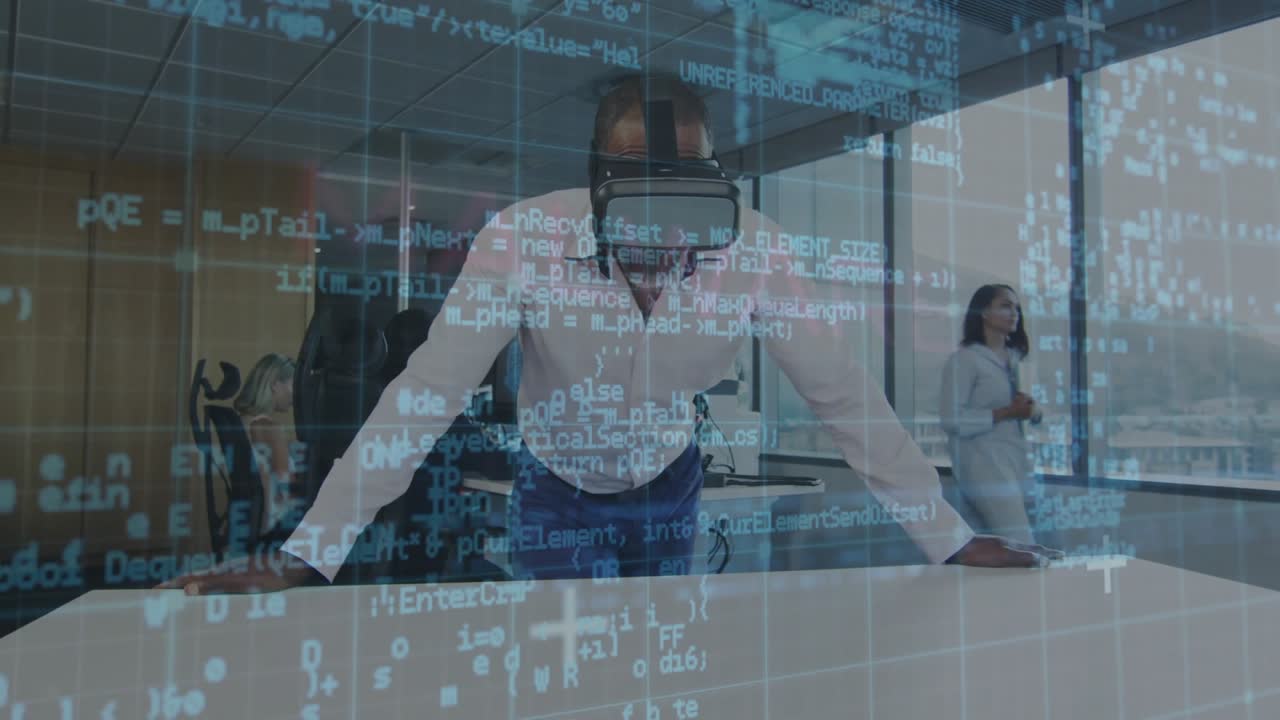 Man placing hands on table activating VR code grid detecting malware while colleague observing