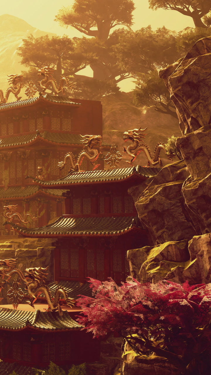 Majestic pagodas rise among vibrant landscape illuminated by golden light