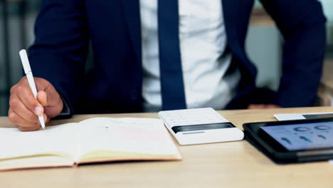 hand, calculator and budget for man at desk