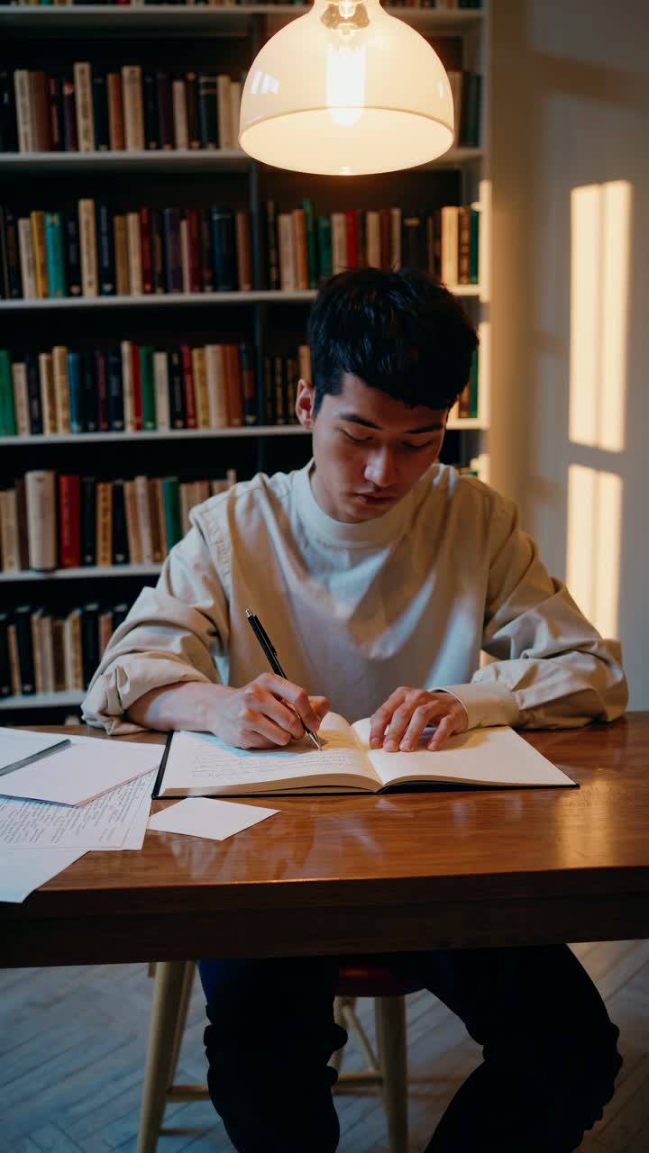 A young man writes in a notebook at a wooden table in a library