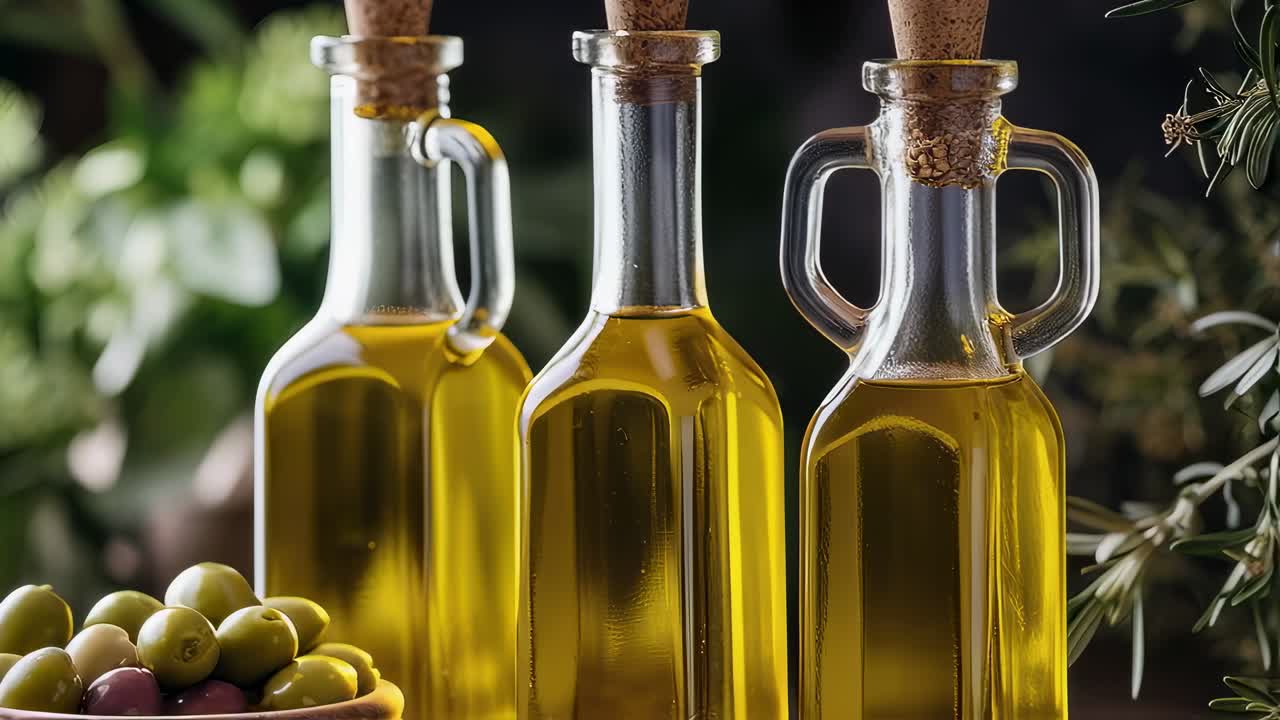 Three glass bottles with handles containing olive oil, closed with cork stopper, with a bowl of olives in front of them and an out of focus background of plants