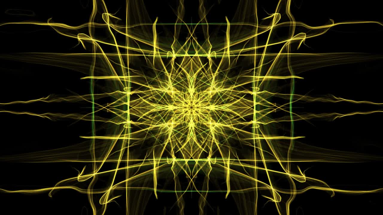 ornamento fractal de rectángulo animado amarillo sobre fondo negro. rayos de energía en movimiento convergente