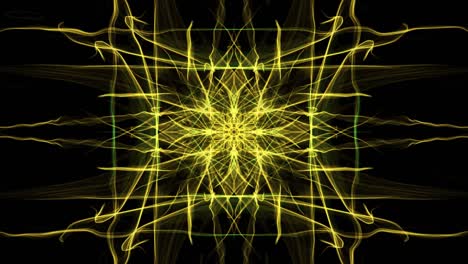 ornamento fractal de rectángulo animado amarillo sobre fondo negro. rayos de energía en movimiento convergente