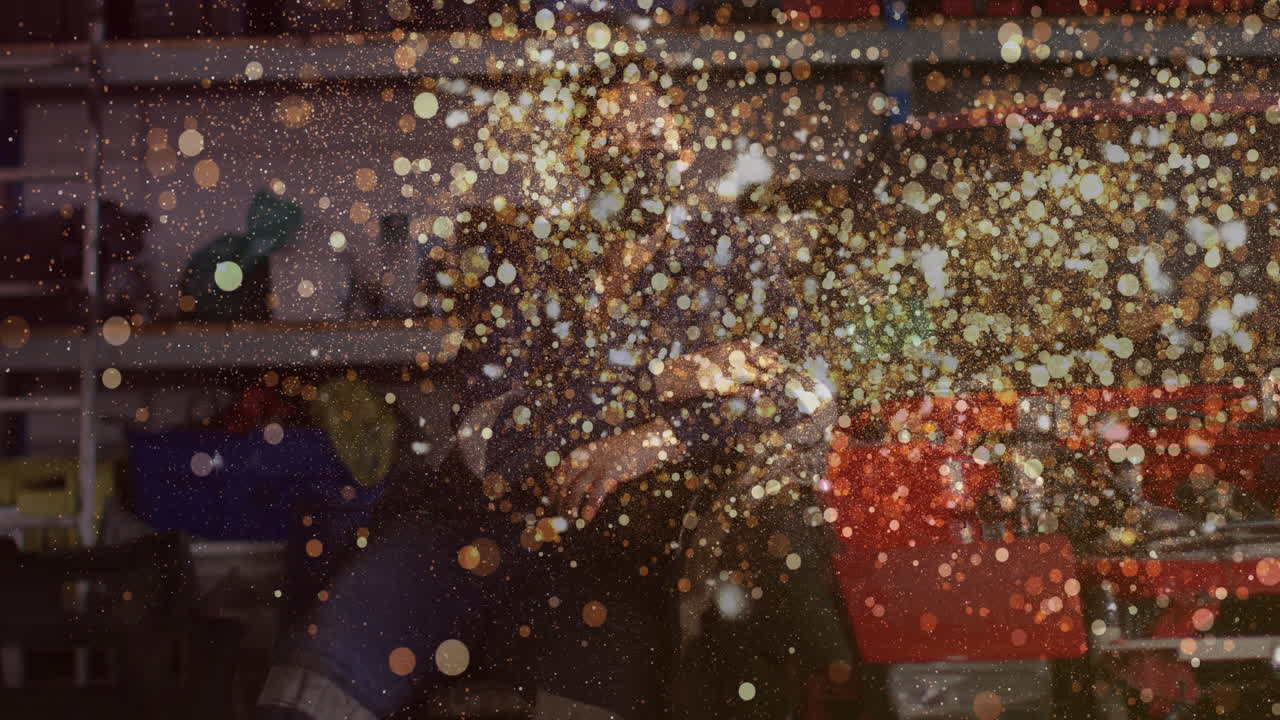 Female mechanic inspecting red car front end in automotive workshop, with golden glitter overlay