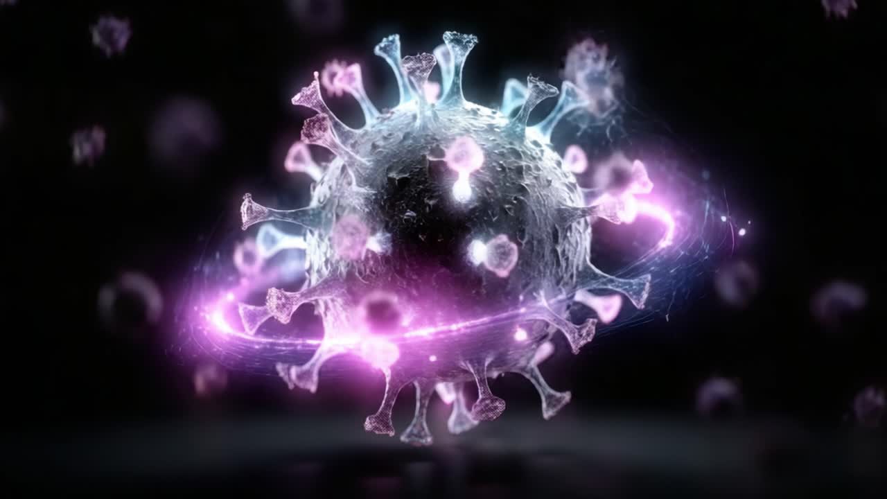 A Captivating Visualization of a Virus Sphere with Glowing Particles and a Dynamic Energy Field Representing Microbial Interactions in a Dark Background