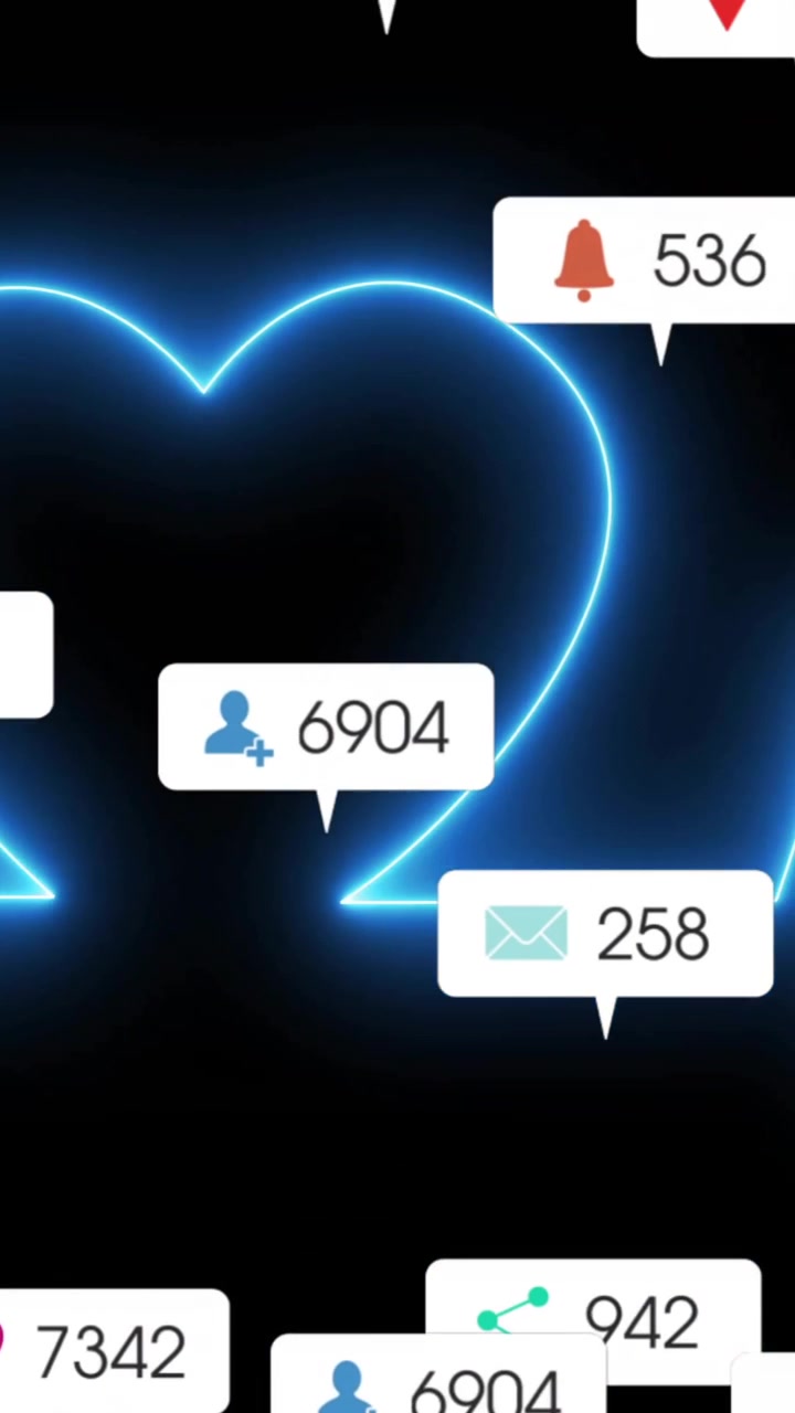 Social media engagement icons animation over blue heart-shaped electrocardiogram
